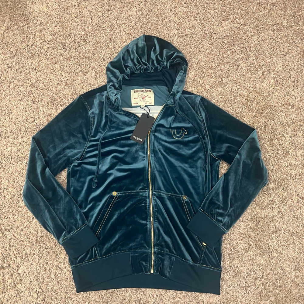 NWT True Religion Teal Velour Big T Hoodie - Size L
